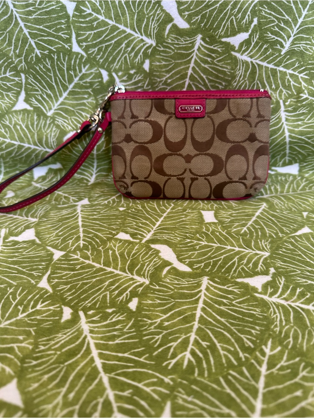 Coach Khaki Signature Canvas Wristlet with Pink Trim